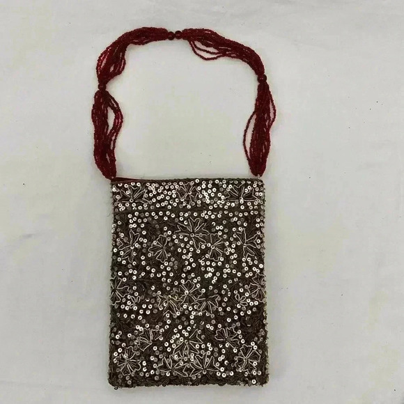 Purse Clutch Wristlet Beaded Sequins Handle 8x6 Push Lock Vintage Handmade - Picture 2 of 4